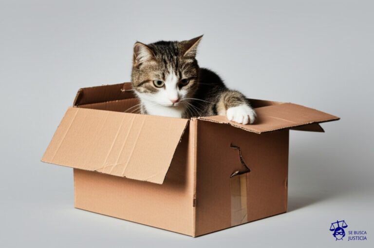 Un gato (representando la obra con licencia Creative Commons) intentando meterse en una caja (los términos de la licencia) que es demasiado pequeña para él y está rota. Representa: Incumplimiento de términos en licencias Creative Commons