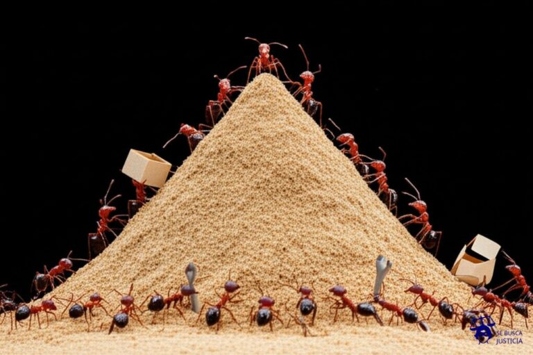 Un grupo de hormigas, cada una con una pequeña caja de herramientas, intentando construir un enorme castillo de arena que se desmorona constantemente. Algunas hormigas están intentando robarse las herramientas de otras. Representa: Incumplimiento de términos en licencias GPL (GNU General Public License)