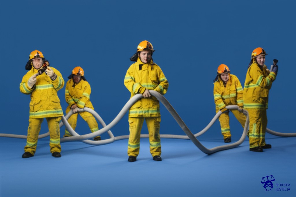 Un grupo de bomberos, cada uno con una manguera, corriendo en direcciones completamente opuestas, sin conectarse a ninguna fuente de agua. Representa: Inexistencia de un protocolo nacional para la atención de emergencias ambientales