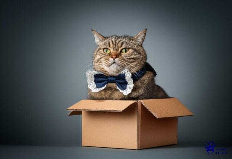 Un gato gordo, con un elegante lazo en el cuello, intentando meterse en una caja de cartón diminuta que claramente no le cabe. Representa: Información falsa en publicidad bancaria