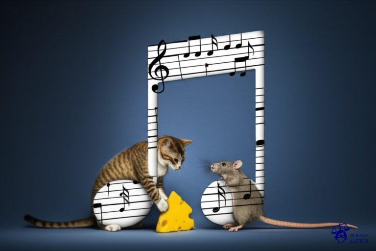 Un gato, con la forma de una nota musical, robando un trozo de queso de un ratón, también con forma de nota musical. Representa: Infracción de derechos de autor por "sampling" musical sin licencia