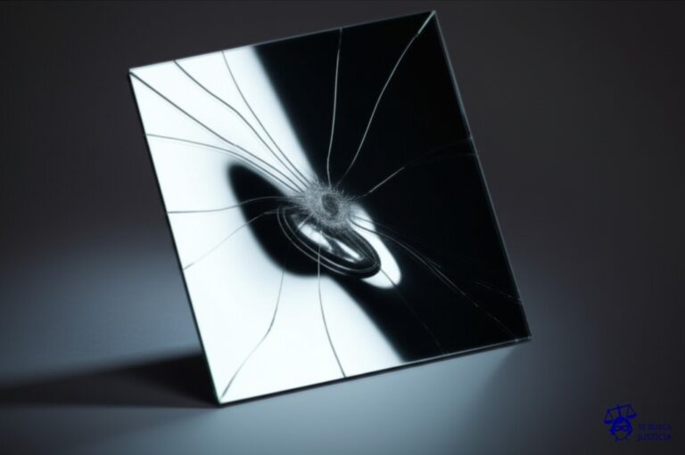 Un espejo reflejando la imagen de un objeto, pero con la superficie del espejo agrietada y distorsionada, revelando un reflejo imperfecto y deformado. Representa: Infracción de derechos por diseño industrial copiado