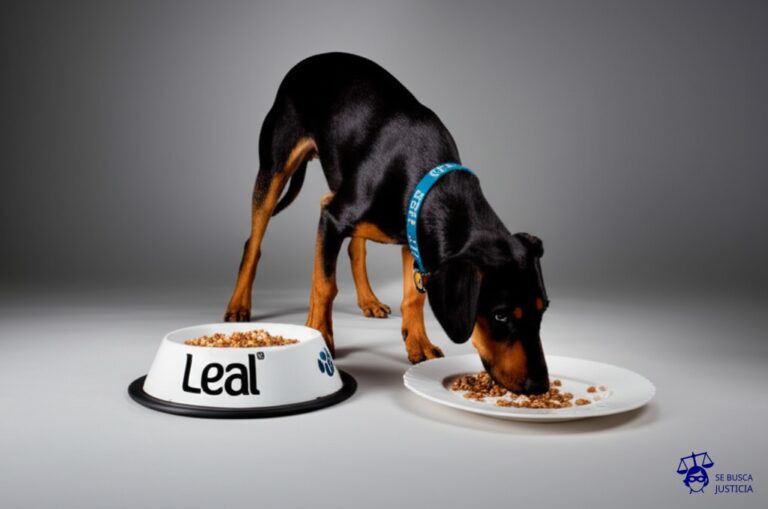 Un perro con un collar que dice Leal está comiendo un plato de comida para perros con el logo de la competencia, mientras que su propio plato está vacío. Representa: Infracción de normas de lealtad comercial