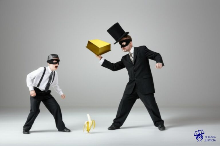 Un ladrón con un sombrero de copa (símbolo de la patente) robando un objeto tridimensional (el modelo de utilidad) a un hombre con bigote (arquetipo del inventor). El ladrón huye torpemente con el objeto, tropezando con una banana en el suelo. Representa: Infracción de patentes de modelos de utilidad en Argentina