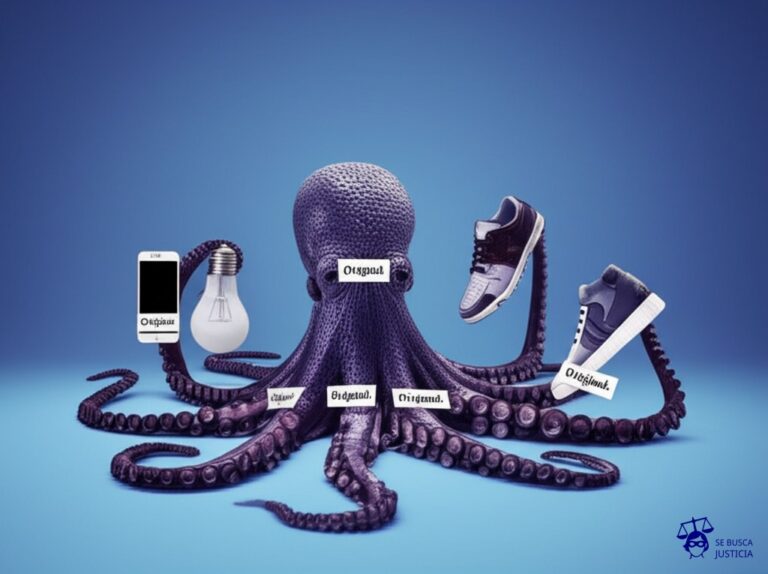 Un pulpo con tentáculos idénticos, cada uno agarrando un objeto distinto (una bombilla, un teléfono, un zapato), todos con una pequeña etiqueta pegada que dice Original. Representa: Infracción de patentes o marcas registradas