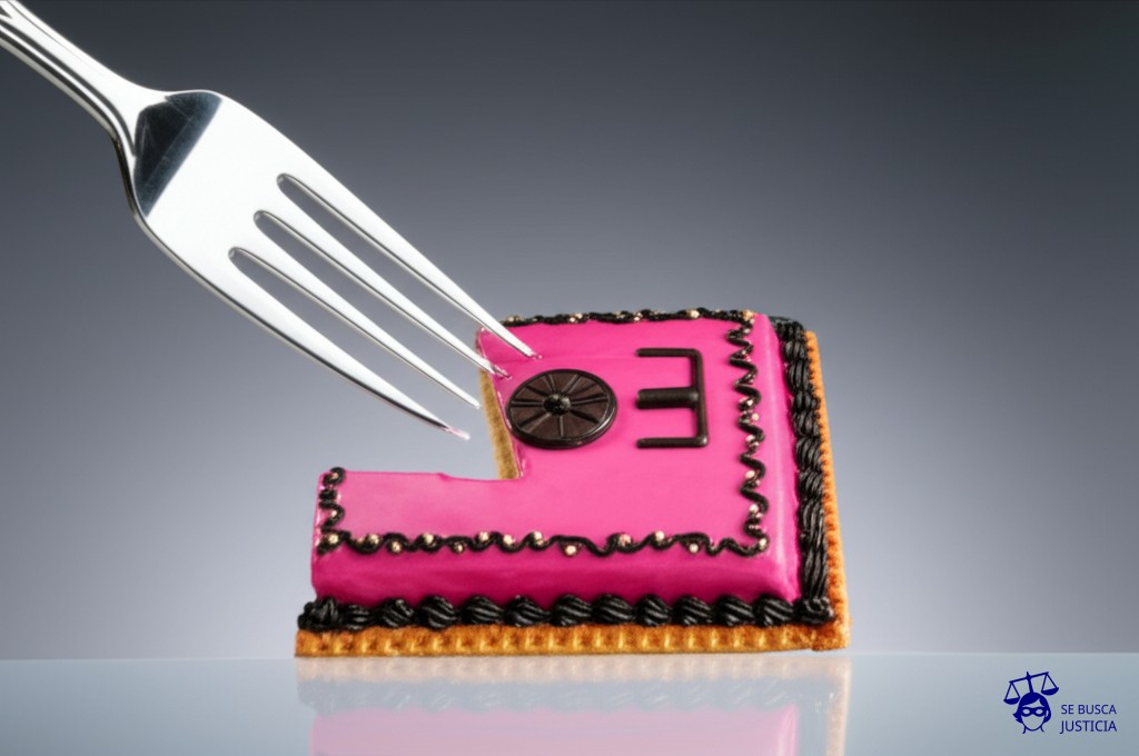 Un gran pastel con forma de caja fuerte, decorado con glaseado brillante. Un tenedor gigante, con dientes afilados, se acerca al pastel con avidez. Representa: Ingeniería social para obtener contraseñas o accesos