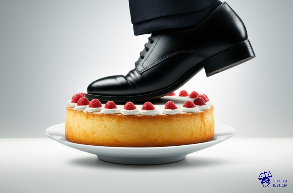 Un gran pastel delicado (representando la justicia) siendo aplastado por un zapato gigante (representando la injerencia). Representa: Injerencia en la independencia judicial