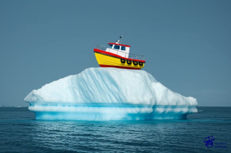 Un iceberg flotando a la deriva, con un pequeño y vibrante bote de juguete en su superficie. Representa: Inmueble hipotecado vendido sin informar al comprador