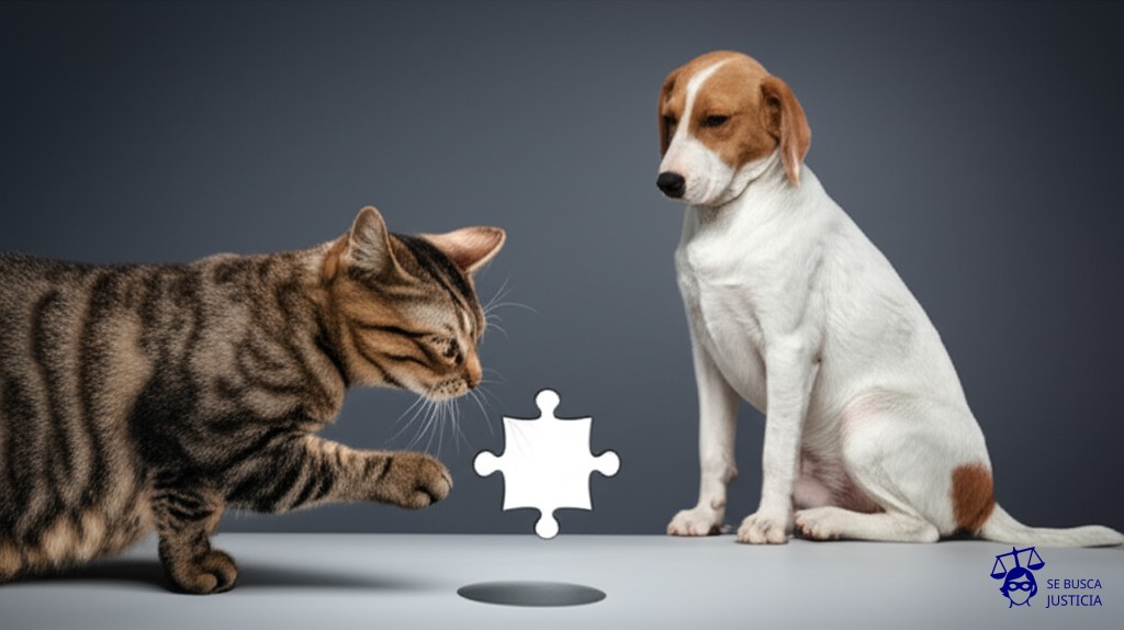 Un gato intentando meter a la fuerza una pieza de rompecabezas cuadrada en un agujero redondo, mientras un perro lo observa con una expresión de aburrimiento. Representa: Inobservancia del debido proceso administrativo