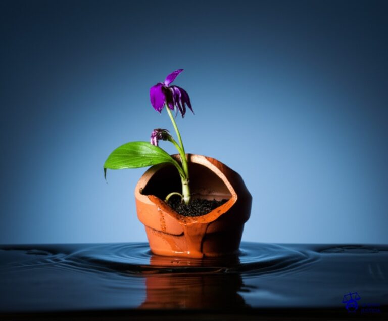 Una planta marchita y descolorida, con una única hoja verde y lozana asomando por un agujero en el techo de una maceta rota, sobre un charco de agua sucia. Representa: Inquilino denuncia condiciones insalubres