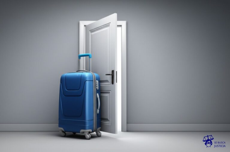 Una gran maleta (representando el inquilino) atascada en la puerta de una casa, impidiendo que se cierre completamente. La maleta es desproporcionadamente grande para la puerta. Representa: Inquilino se niega a desalojar tras finalización del contrato