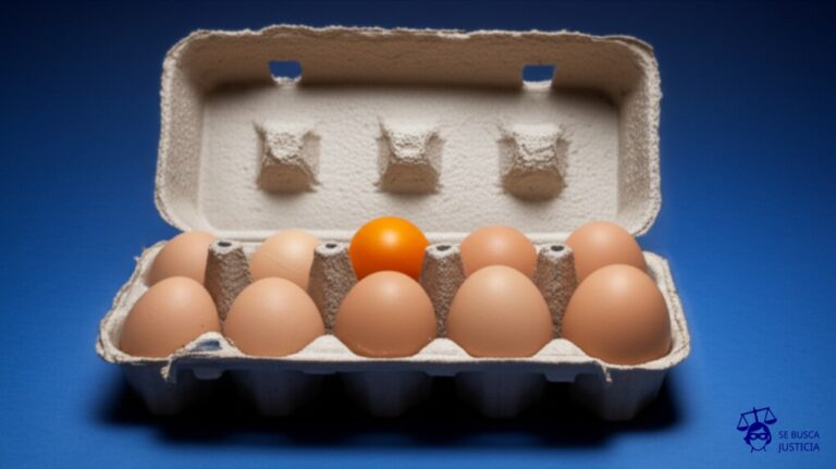 Un huevo (el inquilino original) dentro de una caja de cartón (el apartamento), con varios huevos más pequeños (los subinquilinos) apiñados alrededor. La caja está ligeramente rota, con un agujero en el lateral. Representa: Inquilino subalquila sin consentimiento del dueño