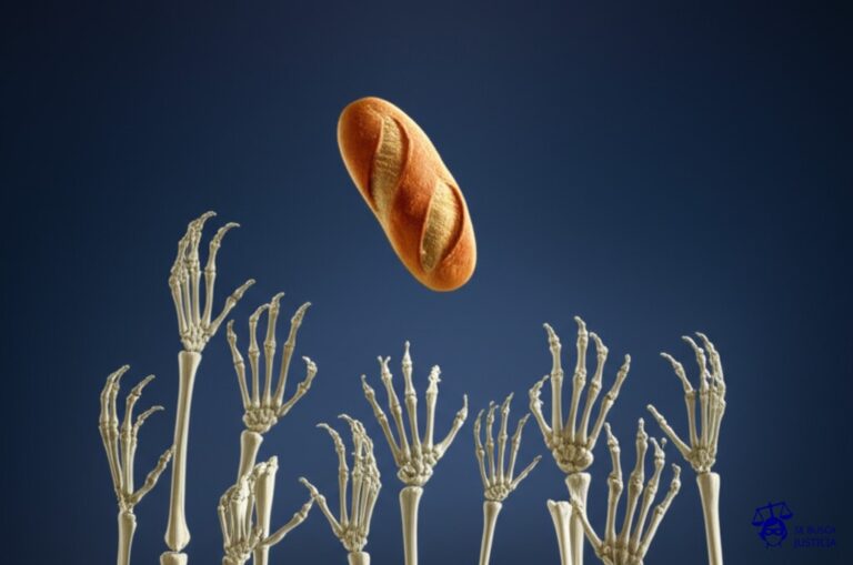 Un montón de manos esqueléticas intentando alcanzar, sin éxito, un trozo de pan. Representa: Intentos de registrar una marca genérica o descriptiva