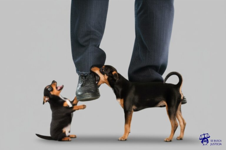 Un perro pequeño, intentando desesperadamente morder el zapato de un pie gigante que lo ignora por completo. Representa: Interdicto por turbación de la posesión
