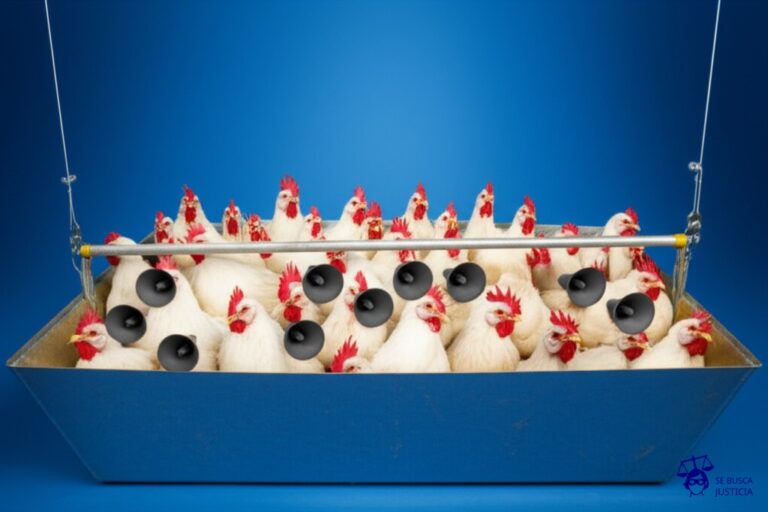 Un granero lleno de pollos (representando un estado) donde cada pollo tiene una bocina adherida a su pico, todas emitiendo el mismo cacareo estridente. Representa: Interferencia en procesos internos de otro Estado por medios propagandísticos