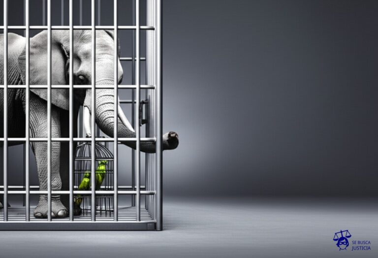 Un elefante (representando una fuerza externa) intentando meterse en una jaula de pájaros (la universidad), rompiendo visiblemente los barrotes con su trompa. Representa: Interferencia ilegal en la autonomía universitaria