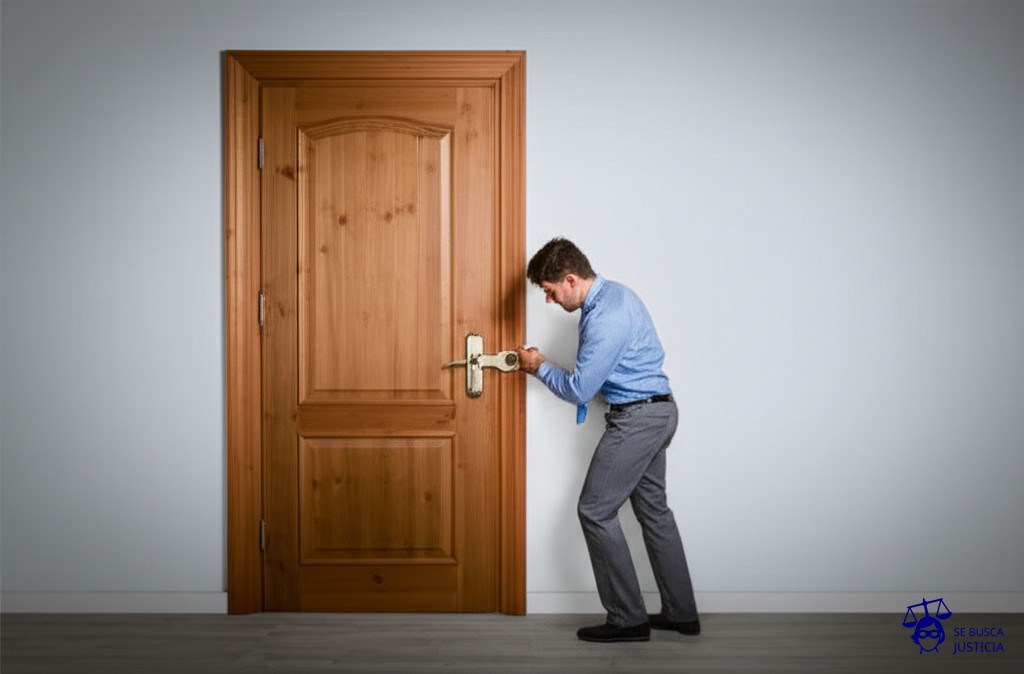 Un hombre delgado y famélico intenta atravesar una puerta, pero está bloqueada por una enorme y pesada cerradura. El hombre, con esfuerzo, solo logra meter un dedo por la ranura. Representa: Interpretación restrictiva de exenciones fiscales por parte del fisco