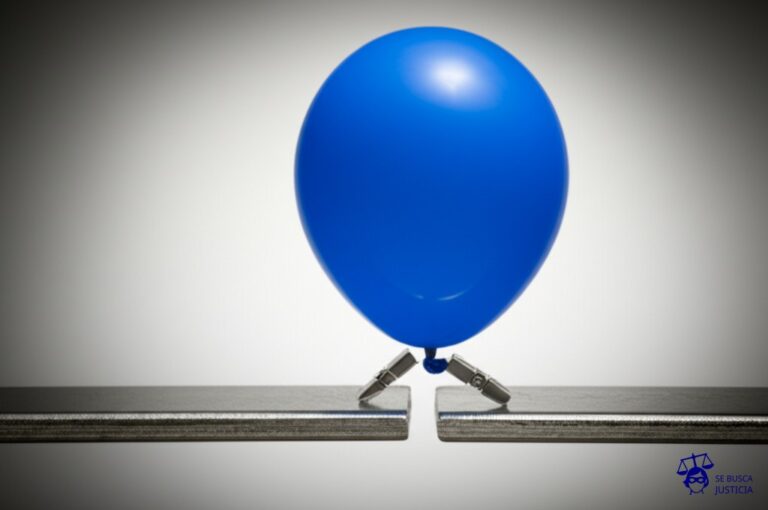 Un gran globo de helio (representando un poder público) siendo atado por un pequeño imán (representando la intervención) a una pesada placa de metal (representando una influencia externa). Representa: Intervención indebida en la autonomía de los poderes públicos