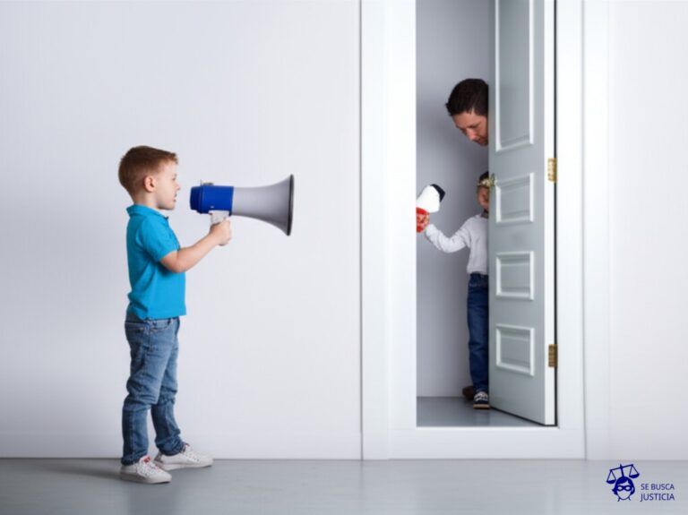 Un niño pequeño, con un megáfono en la mano, intentando entrar a la fuerza en una casa (representada por una puerta cerrada con llave) mientras es sujetado por un adulto (implícito, fuera de la imagen) que intenta detenerlo. Representa: Intervención militar sin autorización del Consejo de Seguridad