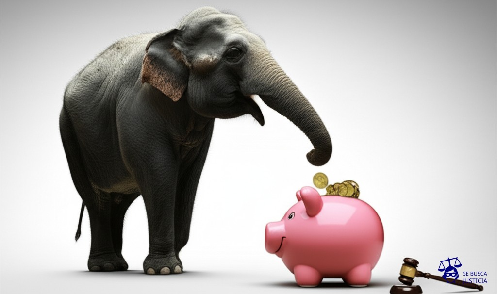 Un enorme elefante (Cristina) intentando meterse en una alcancía de cerdito (Vialidad) que ya está completamente llena de monedas, mientras un pequeño martillo (la Justicia) lo observa con frustración. Representa: Intimación a Cristina Kirchner y otros por resarcimiento en causa Vialidad (Nacional)