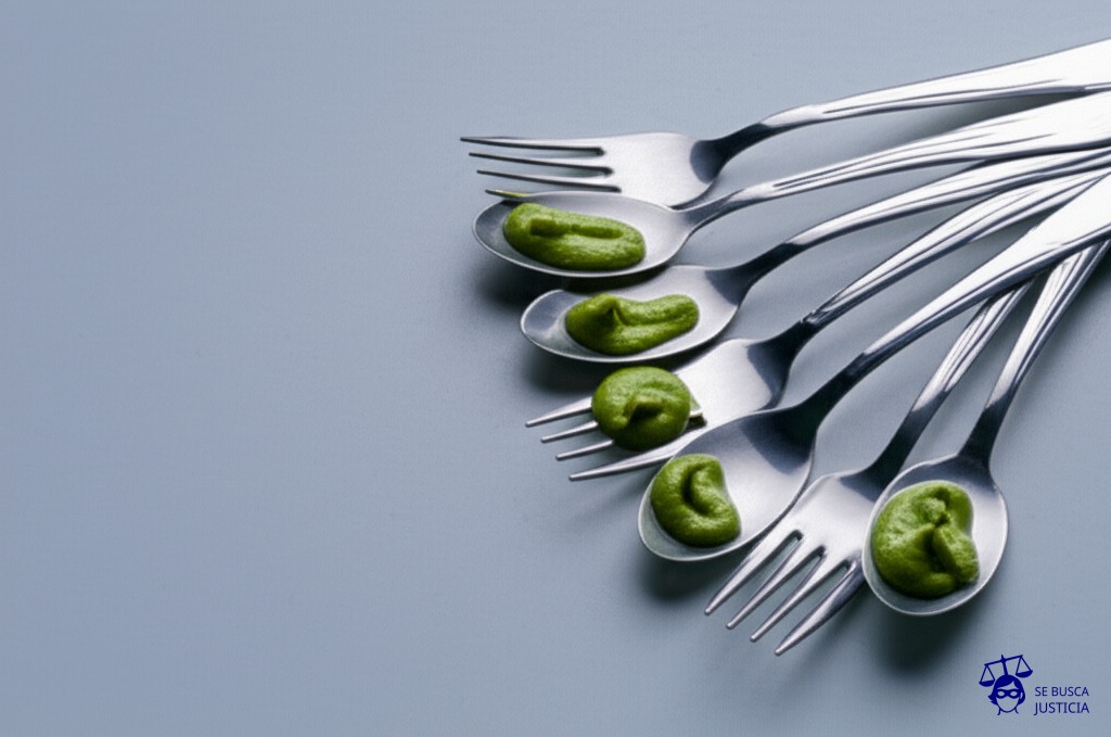 Un montón de cubiertos de plata elegantemente dispuestos, cada uno con un pequeño remolino de vómito verde saliendo de la punta. Representa: Intoxicación alimentaria masiva en catering