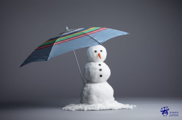 Un muñeco de nieve derretido, apoyado inútilmente contra un parasol a medio abrir. Representa: Invalidez permanente sin cobertura suficiente