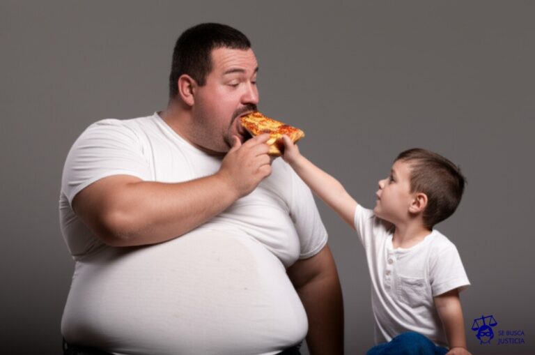 Un hombre robusto, con una gran panza, se está comiendo la pequeña porción de pizza de un niño, mientras señala con el dedo al niño y pone cara de preocupación. Representa: Invasión territorial justificada bajo el principio de seguridad nacional
