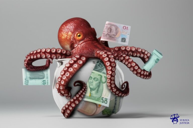 Un pulpo con múltiples tentáculos enredados en una alcancía rota, cada tentáculo sosteniendo un billete o moneda. Representa: Irregularidades en embargos de cuentas