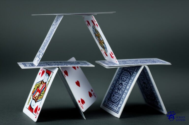 Un castillo de naipes a punto de colapsar, con una sola carta ligeramente fuera de lugar. Representa: Irregularidades en procedimientos sancionatorios