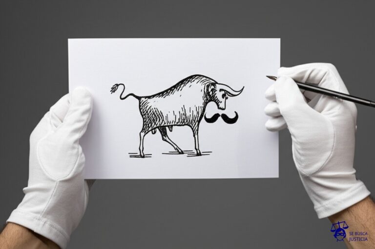 Un par de manos (estilizadas, sin detalles realistas) con guantes blancos, sostienen delicadamente un grabado (también estilizado, simplificado) de un toro. Una de las manos está pintando bigotes sobre el toro con un pincel diminuto. Representa: Jake & Dinos Chapman causaron controversia legal al intervenir y alterar grabados originales de Goya