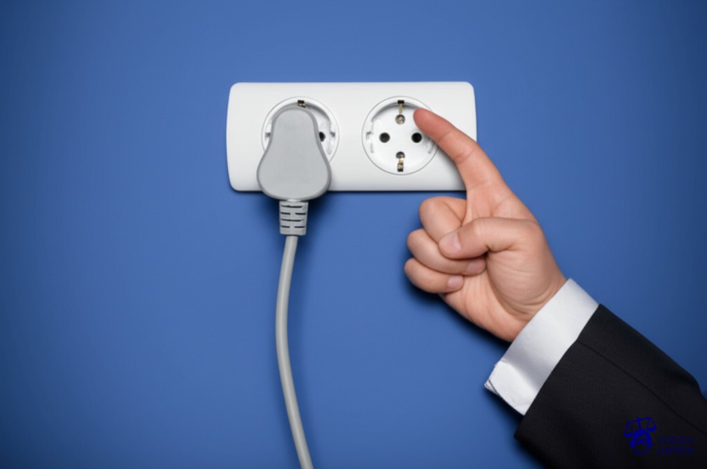 Un enchufe eléctrico que intenta conectarse a una toma de corriente, pero una mano gigante (representando al juez) lo bloquea con un dedo. Representa: Juez federal dicta medida cautelar frenando aumento de tarifas eléctricas en GBA (22 de julio de 2025)
