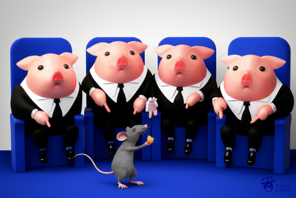 Un grupo de cerdos gordos y bien vestidos, sentados en sillones de terciopelo, apuntando con el dedo a un pequeño ratón flaco que intenta robar una migaja de pan. Representa: Juicio de Bernhard Goetz