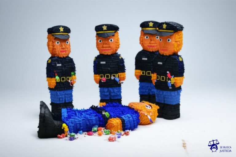 Un grupo de piñatas con forma de policía, golpeando repetidamente a una piñata con forma de persona, que ya está rota y en el suelo, mientras se les caen caramelos de los bolsillos. Representa: Juicio de Rodney King (policías involucrados)
