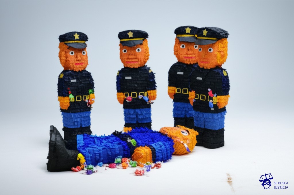 Un grupo de piñatas con forma de policía, golpeando repetidamente a una piñata con forma de persona, que ya está rota y en el suelo, mientras se les caen caramelos de los bolsillos. Representa: Juicio de Rodney King (policías involucrados)
