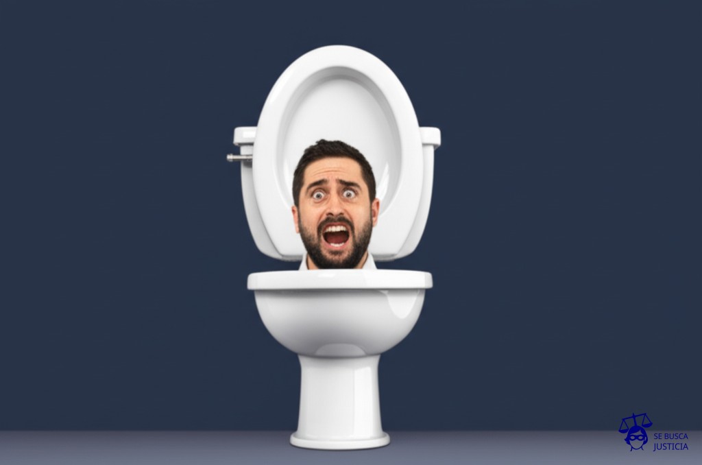 Un hombre de pie, con la cabeza metida en un inodoro. Representa: Juicio de Thomas More