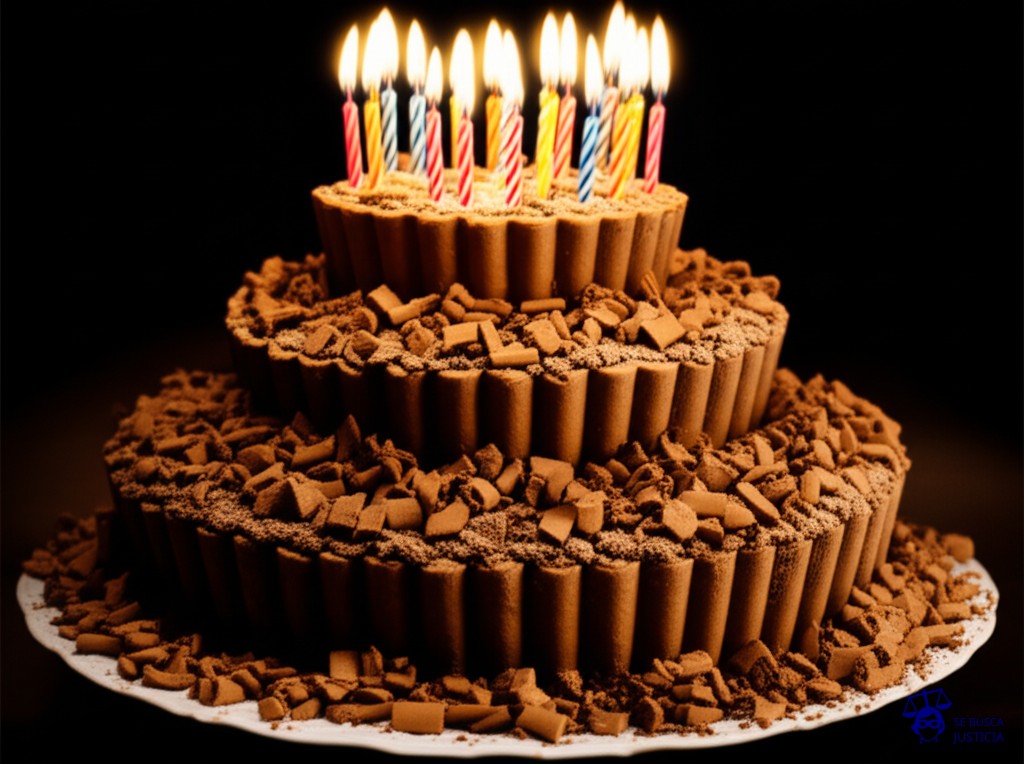 Un pastel de cumpleaños adornado con velas, pero en lugar de una torta, la base es una pila de escombros. El pastel está incompleto y torcido. Representa: Juicio de la Masacre de My Lai (William Calley)