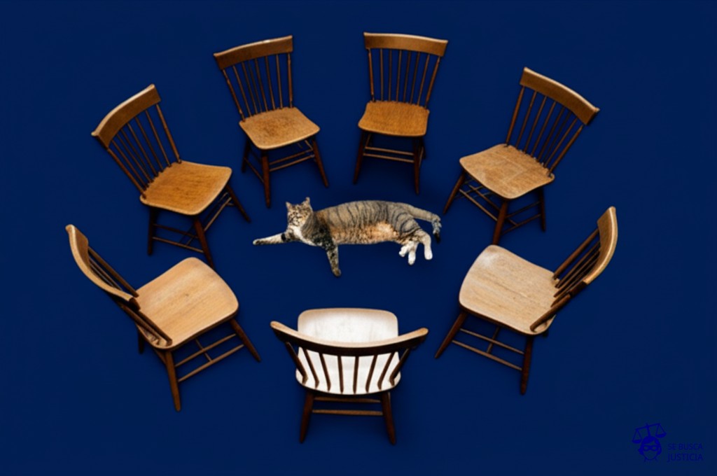 Doce sillas de jardín idénticas, dispuestas en círculo, con un solo gato gordo durmiendo plácidamente en el centro. Representa: Juicio de los Doce de Chicago