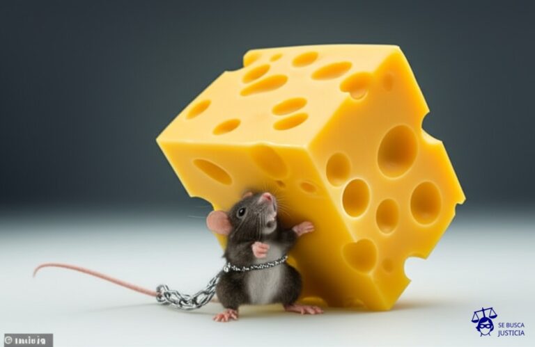 Un pequeño ratón, encadenado a una enorme rueda de queso suizo, intentando desesperadamente moverla. Representa: Juicio del Chapo Guzmán (casos tempranos)