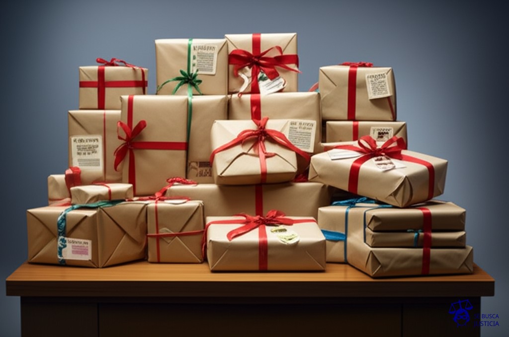 Un montón de cartas y paquetes de regalo desordenados, algunos con cintas explosivas decorativas, todos apilados torpemente en un escritorio inestable. Representa: Juicio del Ted Kaczynski (Unabomber)