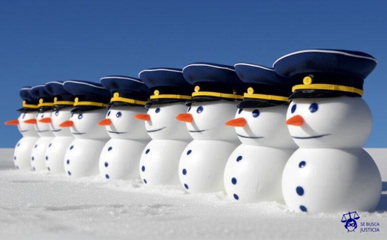 Una fila de muñecos de nieve, cada uno con un sombrero de general, siendo lentamente derretidos por el sol de verano. Representa: Juicios a las Juntas Militares en Argentina