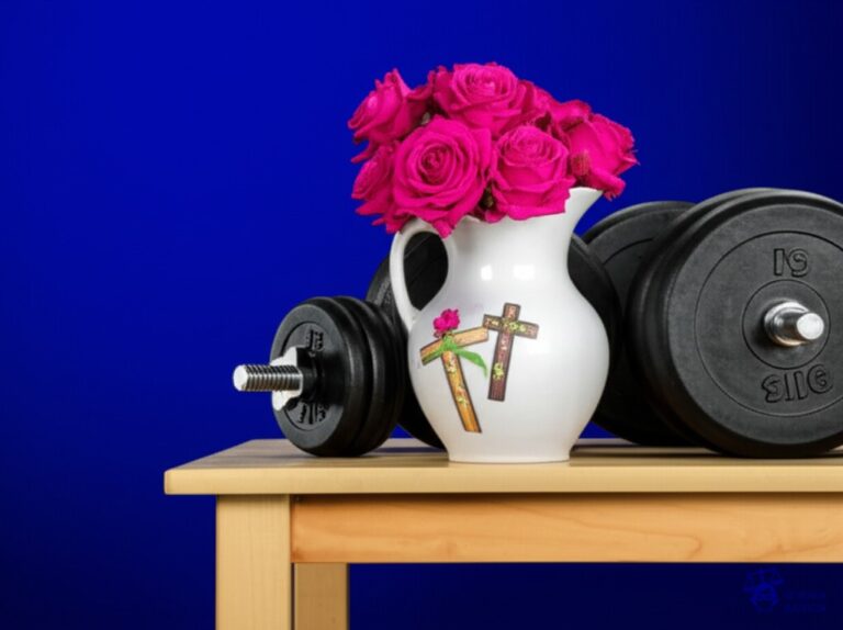 Un delicado jarrón de porcelana (representando las obras de Julia) con flores rosas (Cruces Rosas) colocado precariamente en el borde de una mesa. Debajo de la mesa, un grupo de pesadas pesas de gimnasio oxidadas (representando las reacciones adversas) dispuestas para caer. Representa: Julia Martinez ha creado obras que denuncian la violencia como Cruces rosas lo que puede generar reacciones adversas