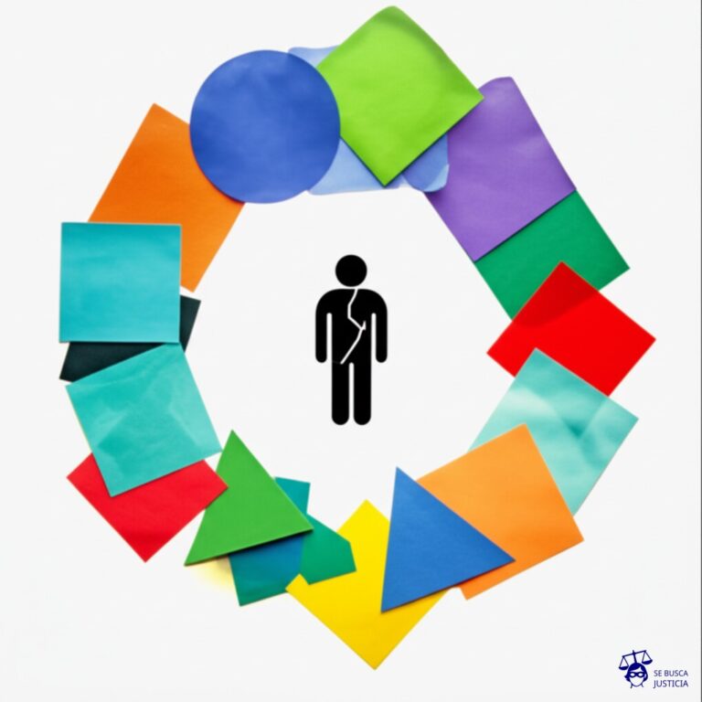 Un grupo de figuras geométricas simples (cuadrados, círculos, triángulos) de diferentes colores y tamaños, reunidas en un círculo. En el centro del círculo, una figura negra más grande y prominente, con una pequeña grieta visible. El círculo completo está ligeramente torcido, como si estuviera a punto de desmoronarse. Representa: Kerry James Marshall abordo el racismo en su serie The Lost Boys lo que pudo generar debate social