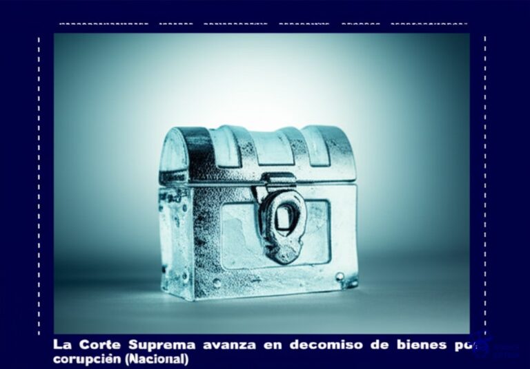 Un gran iceberg, con forma de cofre del tesoro, siendo desintegrado lentamente por el sol. Representa: La Corte Suprema avanza en decomiso de bienes por corrupción (Nacional)