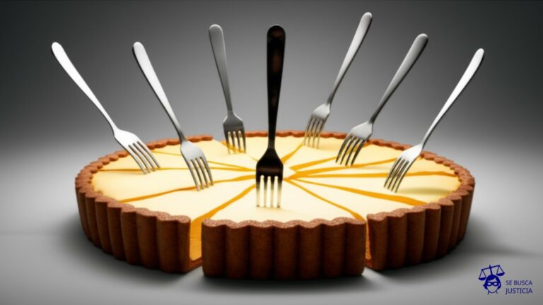 Un gran pastel (Nación) con múltiples porciones irregulares y astilladas (provincias), cada una con un tenedor gigante (reclamo) clavado en ella, todos apuntando hacia el pastel central. Representa: La Corte Suprema deberá resolver reclamos millonarios de casi todas las provincias contra la Nación