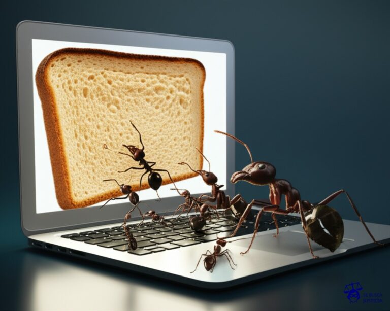 Un grupo de hormigas, elegantemente vestidas, pujando frenéticamente por migajas de pan digitalizadas proyectadas en una pantalla gigante. Representa: La Corte Suprema implementa subastas judiciales electrónicas (Nacional)