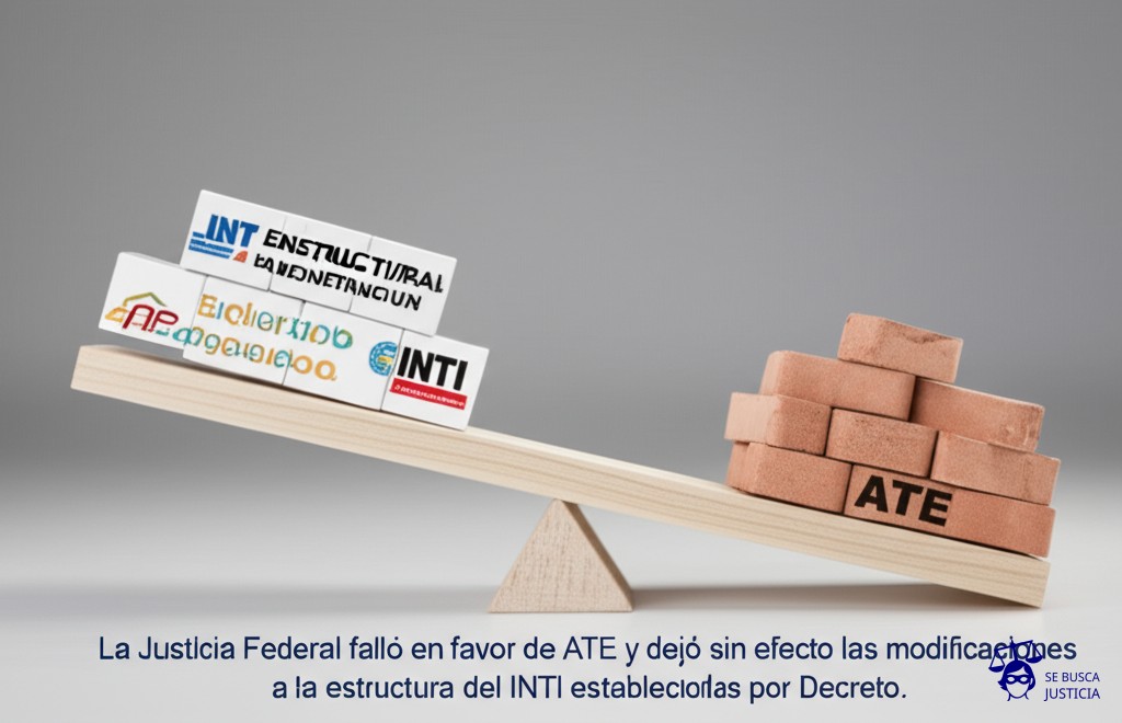 Un balancín. Un lado representa una estructura de bloques de construcción (INTI, modificado) que se eleva en el aire. El otro lado, más pesado, representa una pila de ladrillos (ATE) que lo hace caer, volviendo a la posición original. Representa: La Justicia Federal falló en favor de ATE y dejó sin efecto las modificaciones a la estructura del INTI establecidas por Decreto.
