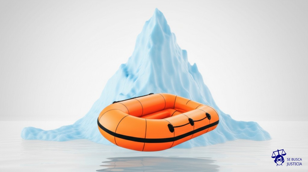 Un gran iceberg a punto de hundir un pequeño bote inflable que representa la obra social. Representa: La Justicia frena la liquidación de una obra social