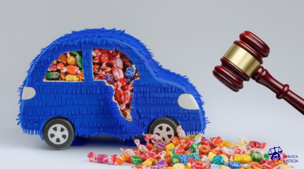 Una gran piñata con forma de auto, llena de caramelos (dinero) y con un agujero enorme y torcido por donde se escapan caramelos. Un pequeño martillo (símbolo de la justicia) intenta, sin éxito, tapar el agujero. Representa: La Justicia investiga fraude en planes de ahorro de automotores (enero 2025)