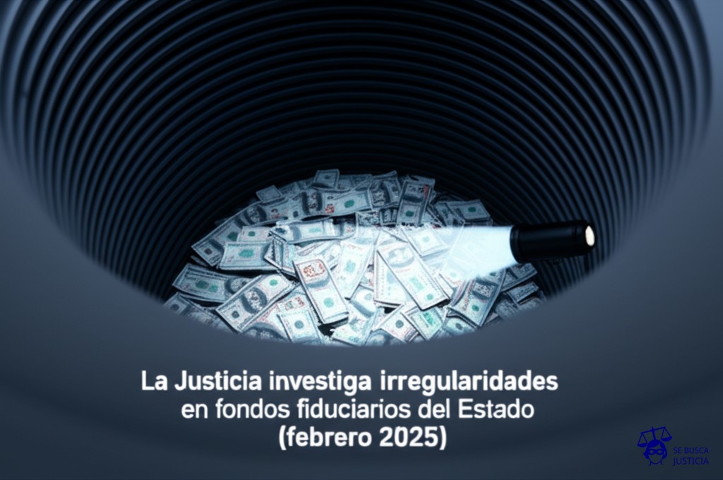 Un gran pozo negro, aparentemente sin fondo, lleno de billetes flotando, con una pequeña linterna (la justicia) intentando iluminar algo en su interior. Representa: La Justicia investiga irregularidades en fondos fiduciarios del Estado (febrero 2025)