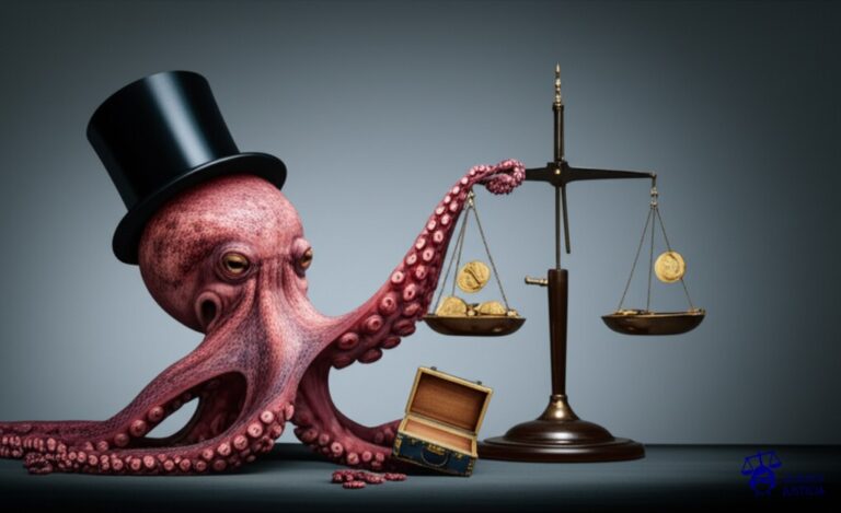 Un pulpo con un sombrero de copa (representando el Estado) extendiendo tentáculos (expropiaciones) para agarrar una caja fuerte (propiedad). Algunos tentáculos están conectados a una balanza (justipreciación), en la que se depositan monedas (indemnización) que flotan en el aire, a medio camino de llegar a la caja fuerte. Representa: La constitucionalidad de las expropiaciones por causa de utilidad pública y la justipreciación de la indemnización, en protección del derecho de propiedad.